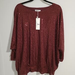 Red Sequin Dolman Sleeve Party Top Size 2XL NWT